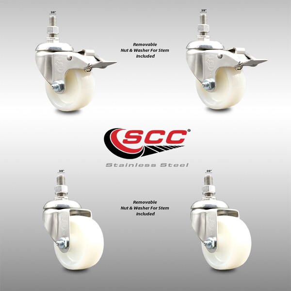 Service Caster 3 Inch 316SS Nylon Wheel Swivel 3/8 Inch Threaded Stem Caster Lock Brake, 2PK SCC-SS316TSTTL20S314-NYS-381615-2-S2 - main